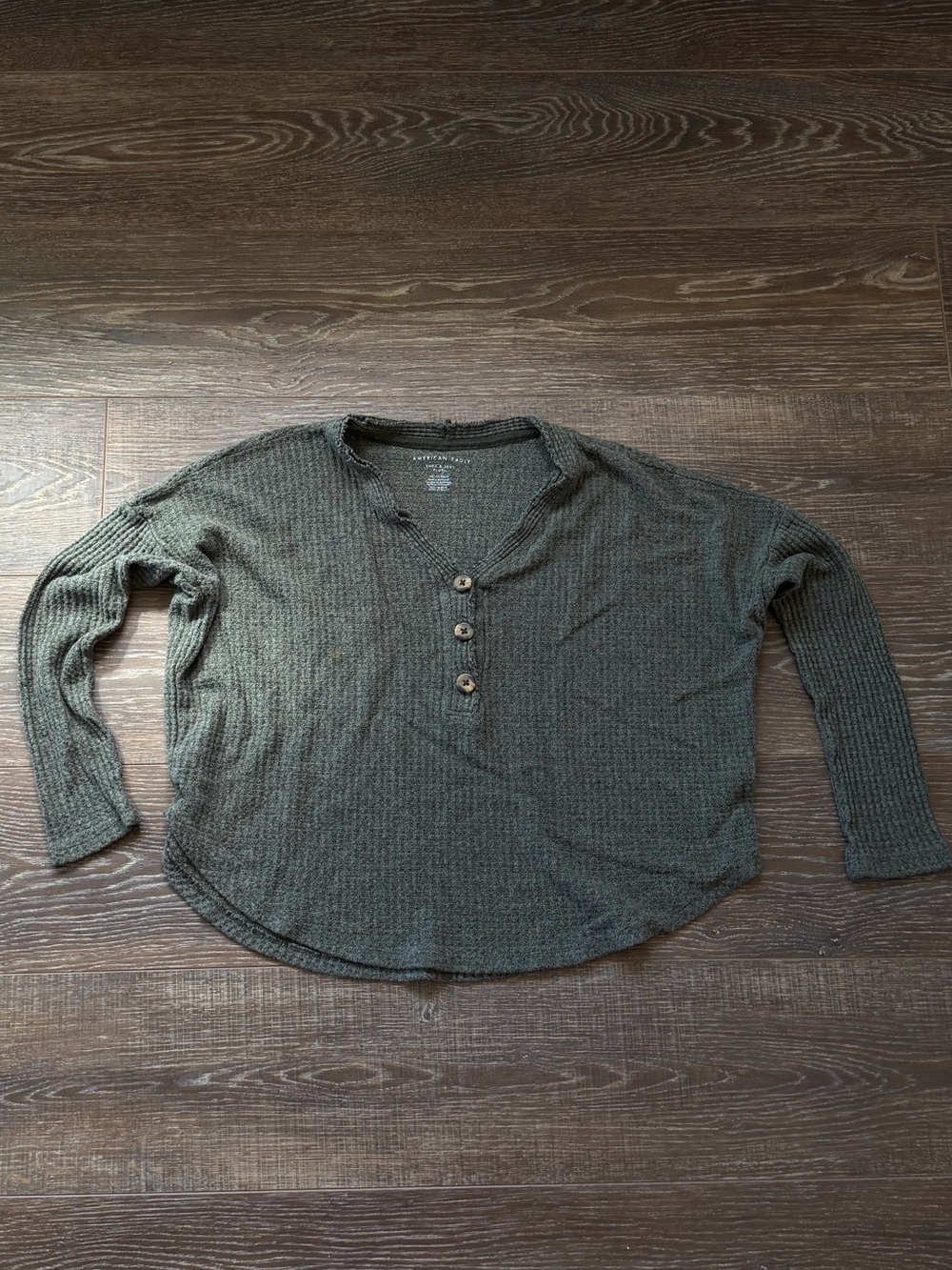 American Eagle Outfitters Olive Waffle-Knit Henley Long Sleeve